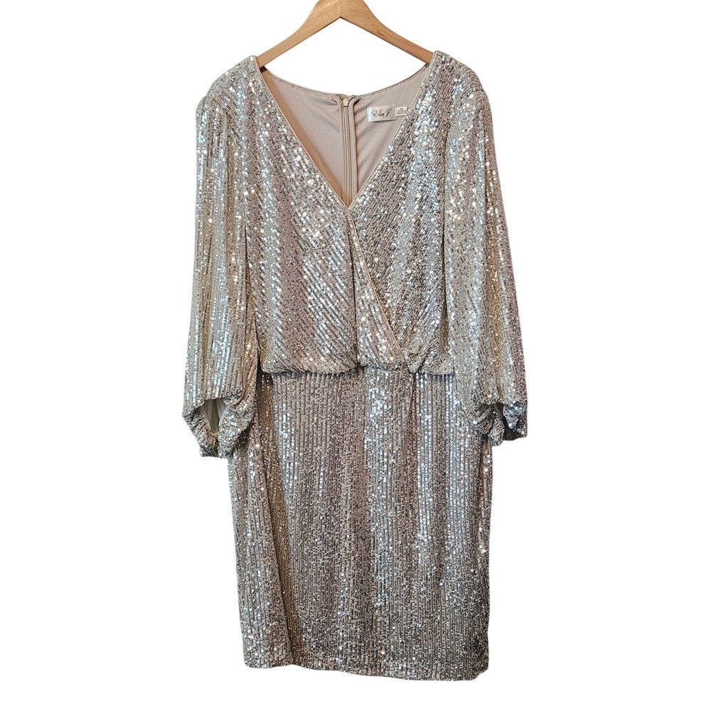 Eliza J Silver Sequin Faux Wrap Cocktail Dress Plus Size 22W New Party Glitz Fun